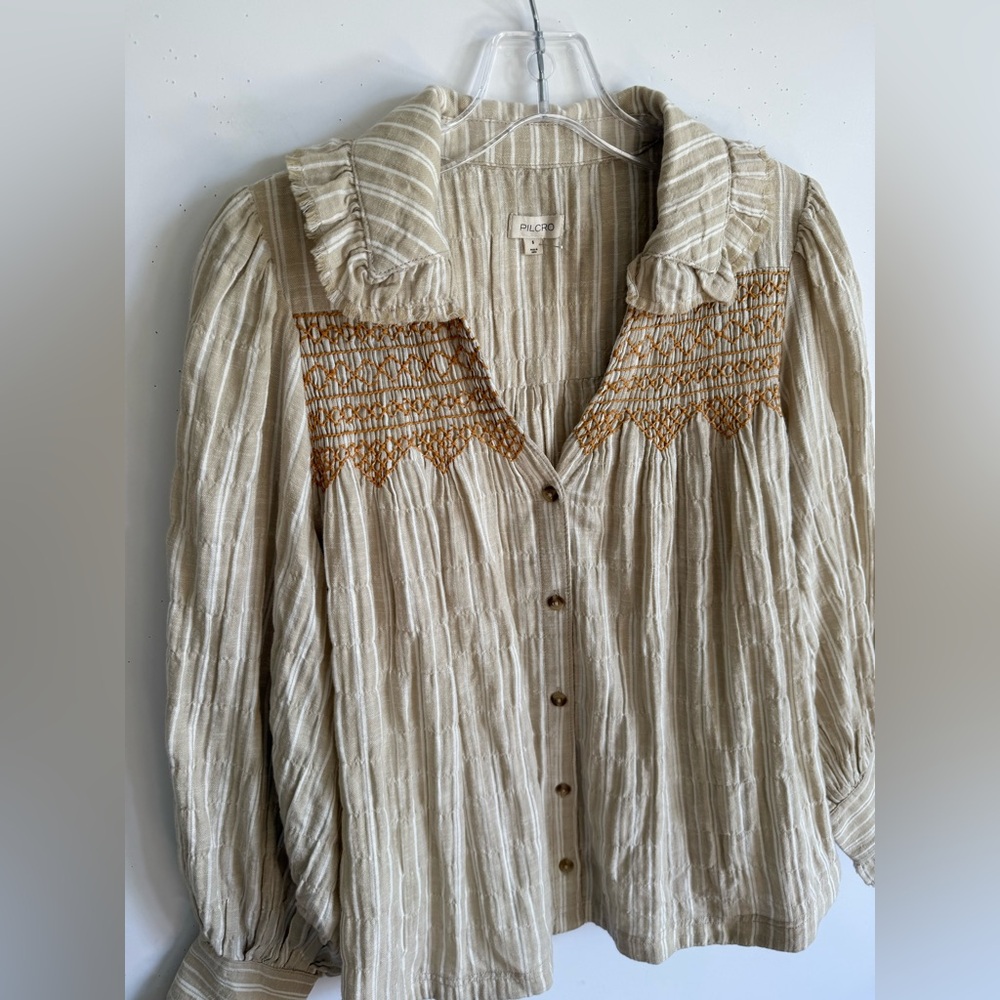Pilcro Cream Striped Button-Up Blouse with Beige Embroidery - Picture 7 of 12